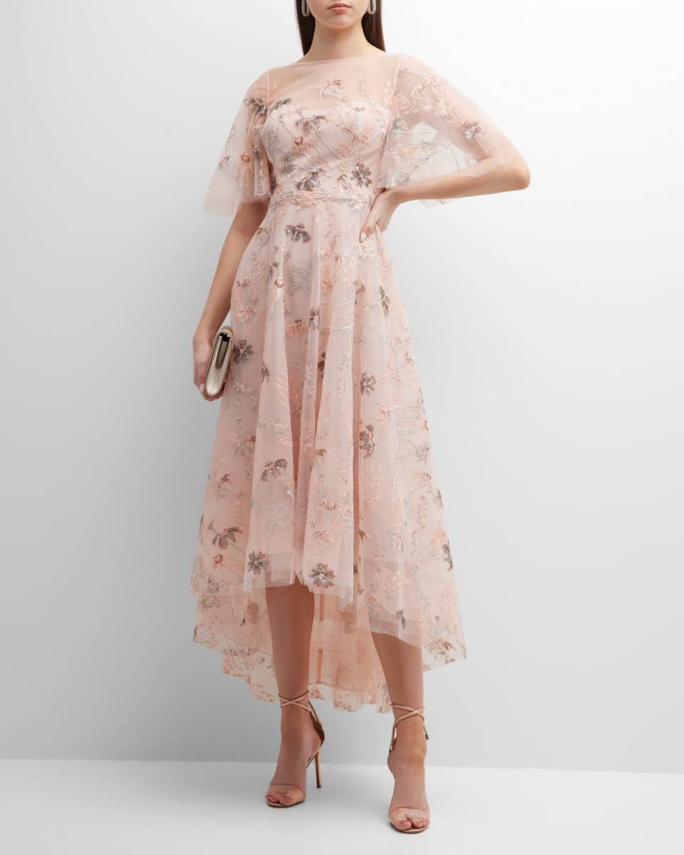 High-Low Floral-Embroidered Tulle Gown